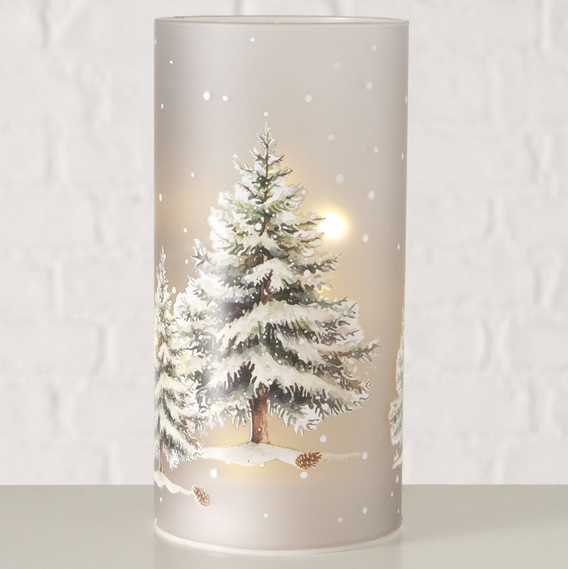 Lanterna led natalizia in vetro opaco decorata con renna nel bosco innevato, perfetta come regalo di Natale